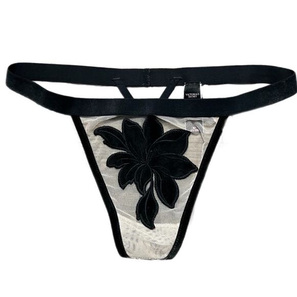Victoria’s Secret Sexy Sheer Mesh thong Velvet flower V string panty Black M - Picture 1 of 4